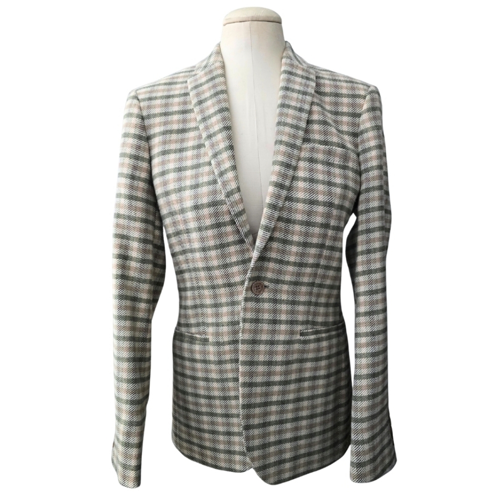 ASOS DESIGN Longline Plaid Blazer Jacket Green Beige Tailored Wool Blend 34 Reg